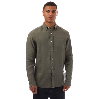 Green - Front - Gant Mens Linen Garment Dyed Regular Shirt