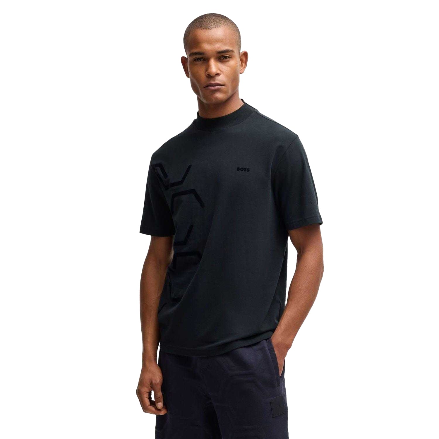 Dark Blue - Side - Boss Mens Tock Geometric Hexagon T-Shirt