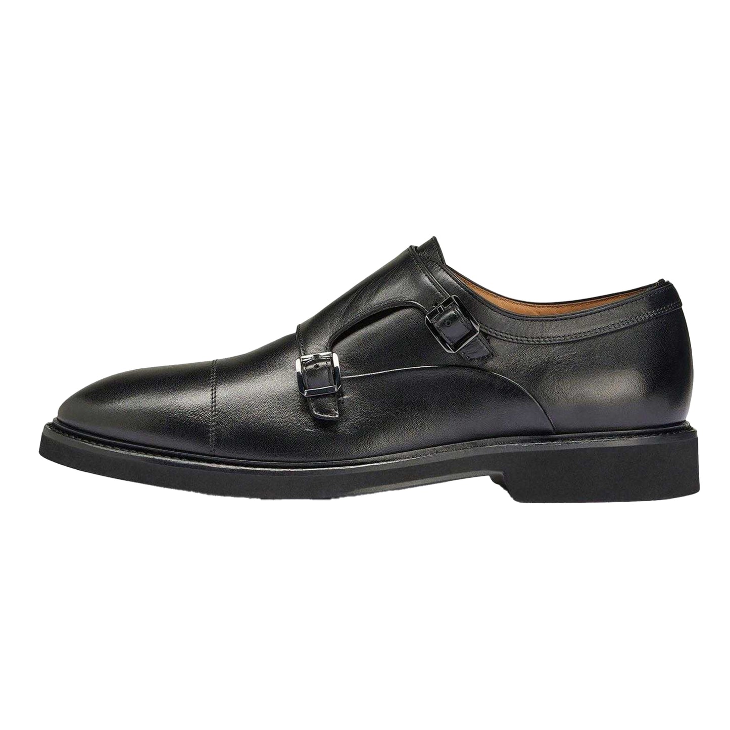Black - Side - Boss Mens Jerrard Leather Double Monk Strap Oxford Shoes