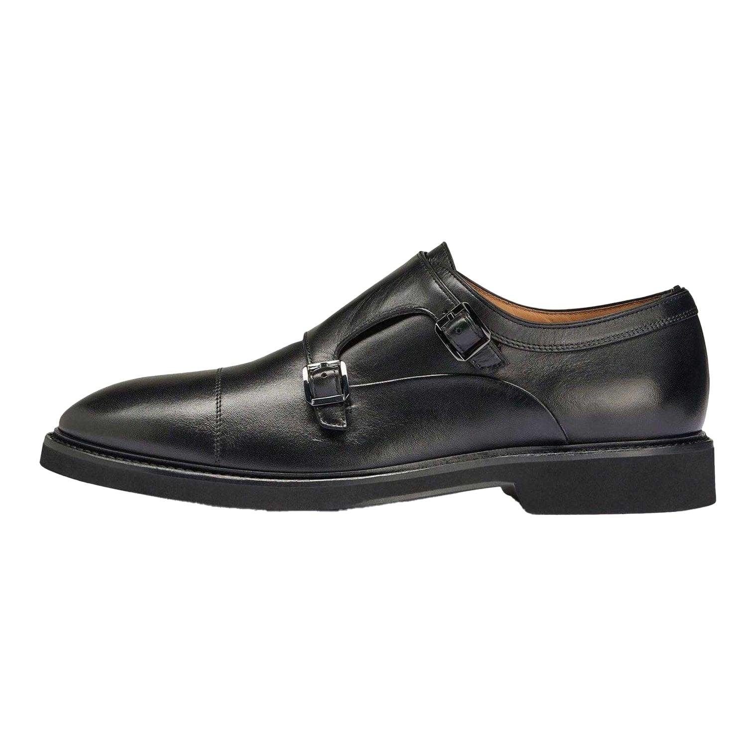 Black - Side - Boss Mens Jerrard Leather Double Monk Strap Oxford Shoes
