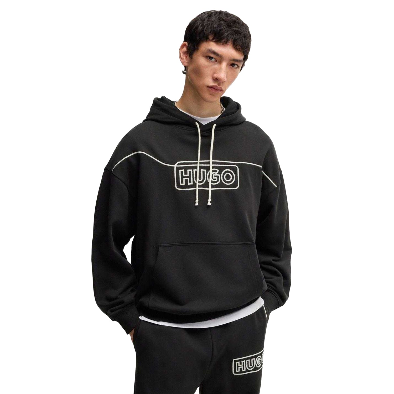 Black - Side - Hugo Mens Noiderhood Logo Stitch Detail Hoodie