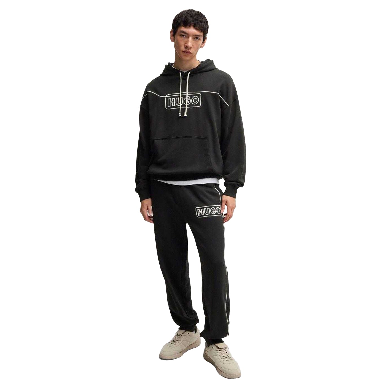 Black - Lifestyle - Hugo Mens Noiderhood Logo Stitch Detail Hoodie