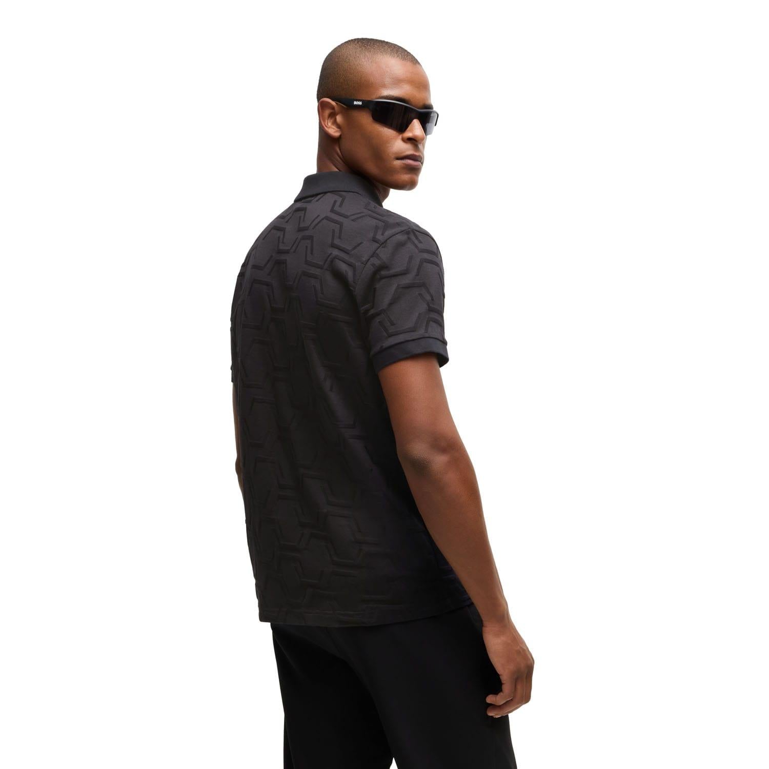Black - Back - Boss Mens Paddy Geometric Hexagon Polo Shirt