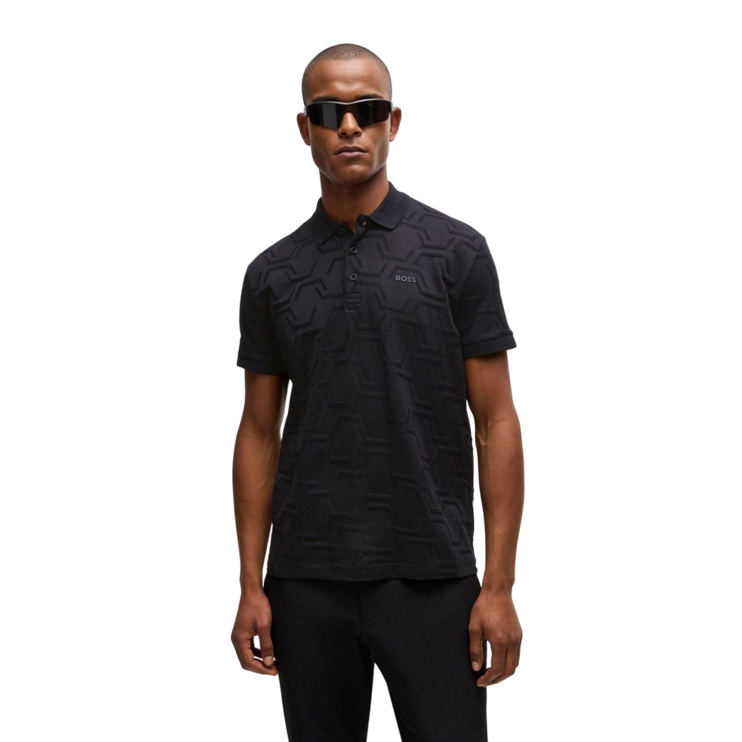 Black - Pack Shot - Boss Mens Paddy Geometric Hexagon Polo Shirt