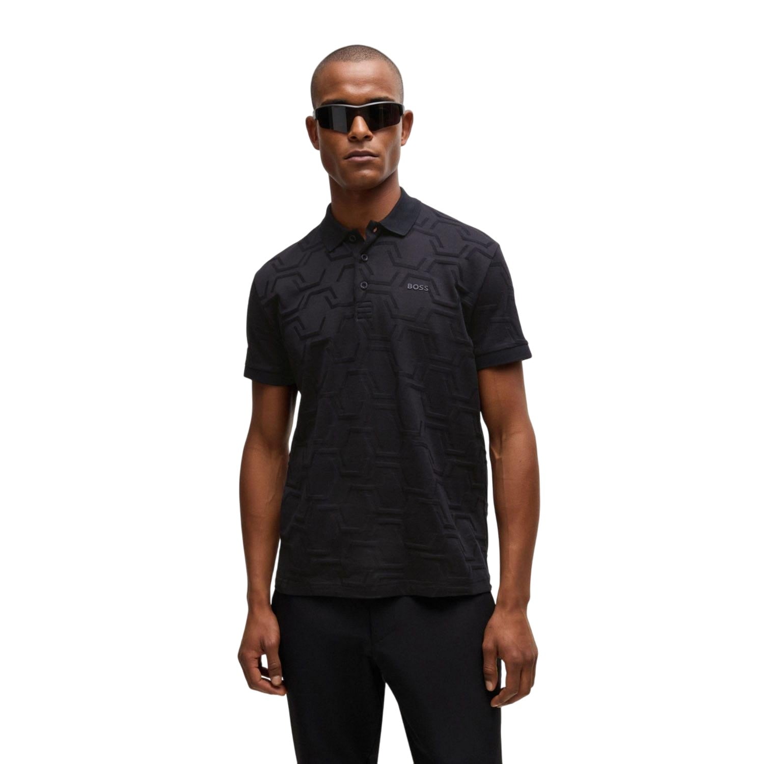Black - Pack Shot - Boss Mens Paddy Geometric Hexagon Polo Shirt