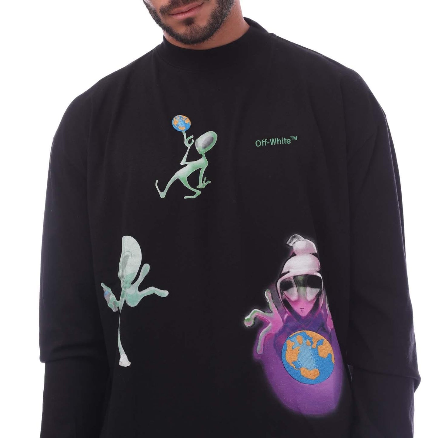 Black-Green - Side - Off White Mens Alien Skills Long-Sleeved T-Shirt