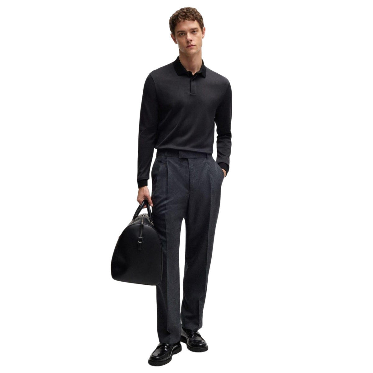 Black - Pack Shot - Boss Mens H-Pado 431 Long-Sleeved Polo Shirt