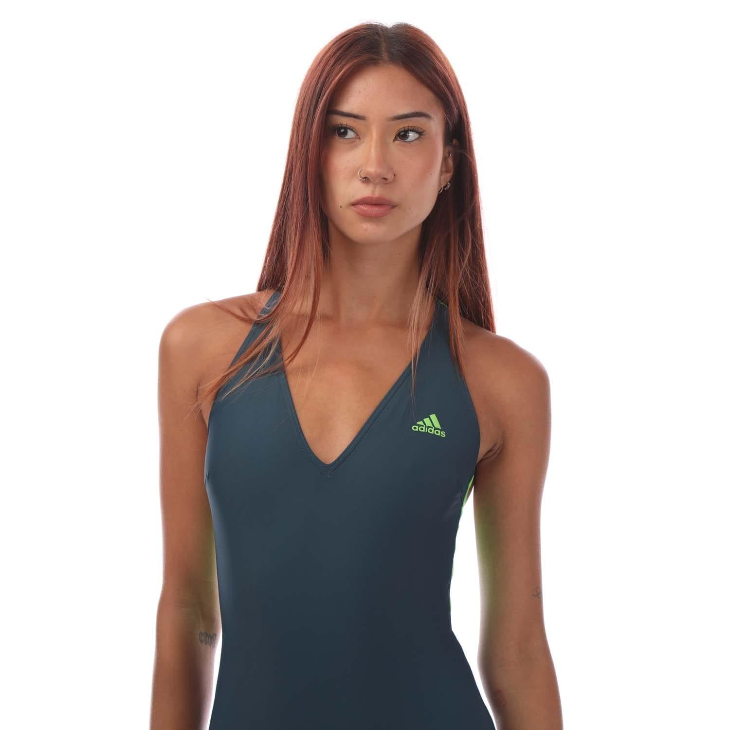 Teal - Side - Adidas Womens-Ladies 3 Stripes One Piece Swimsuit