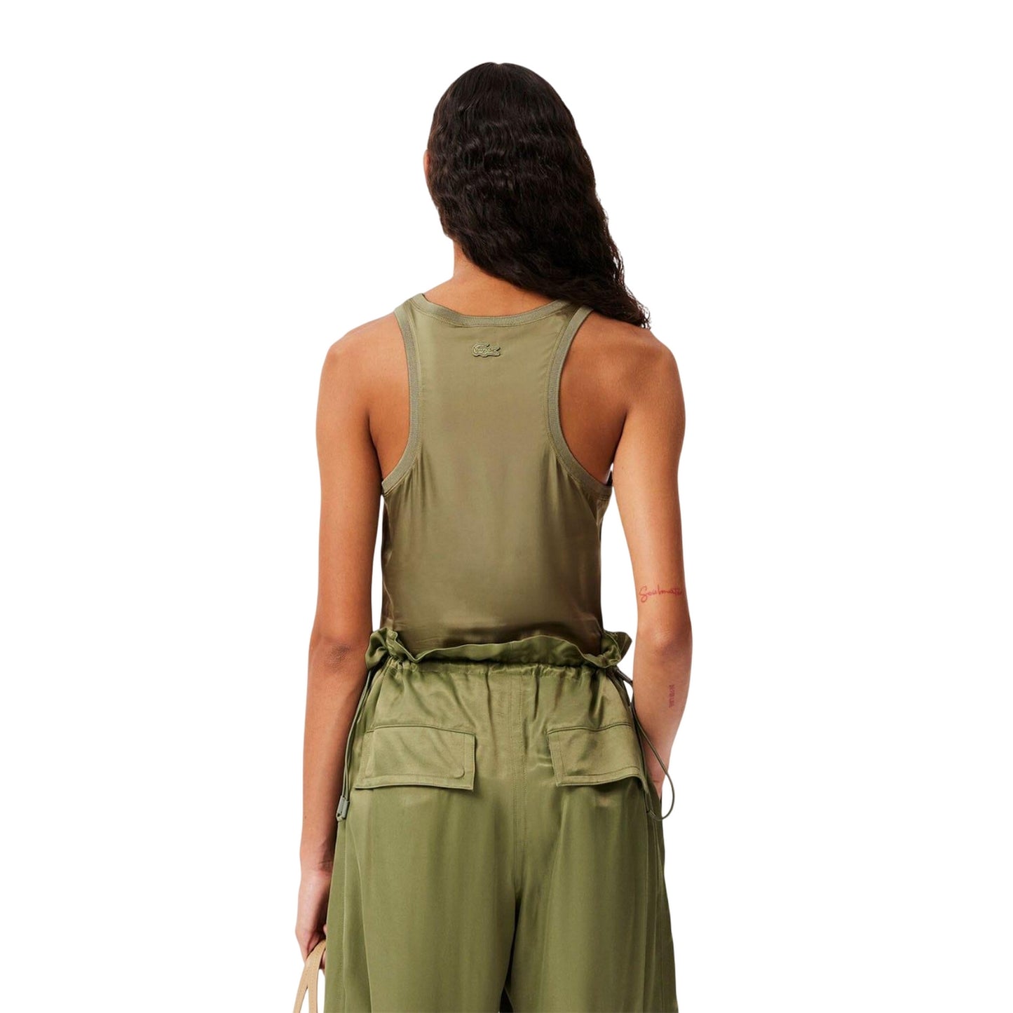 Khaki Green - Back - Lacoste Womens-Ladies Satin Slim Tank Top