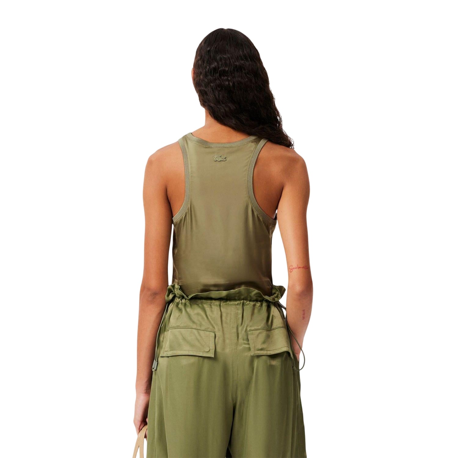 Khaki Green - Back - Lacoste Womens-Ladies Satin Slim Tank Top