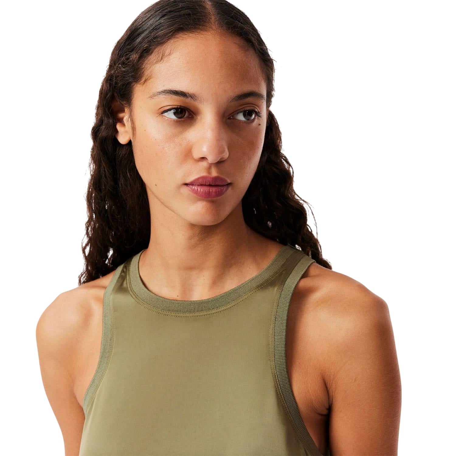 Khaki Green - Side - Lacoste Womens-Ladies Satin Slim Tank Top