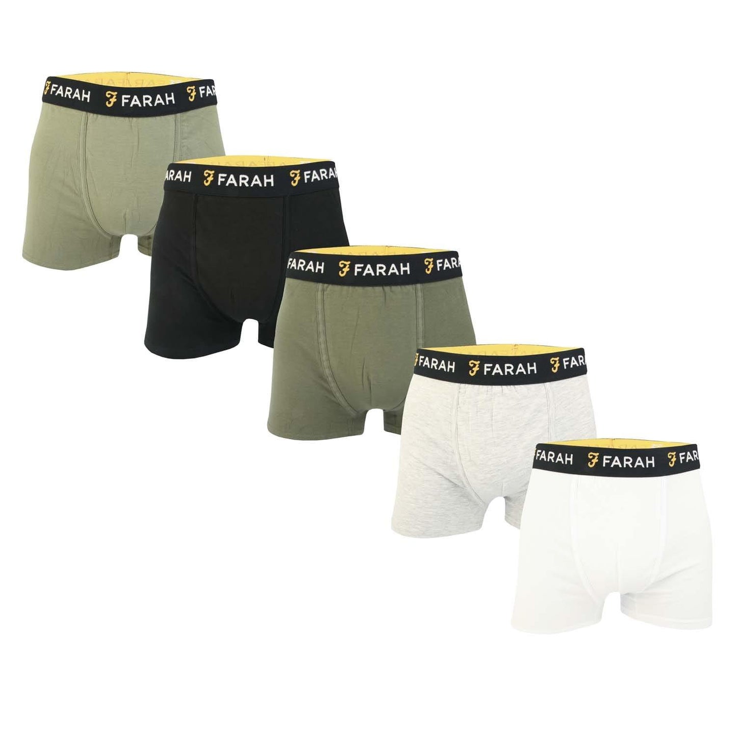 Khaki Green-White-Black-Grey - Front - Farah Mens Renzo Boxer Shorts (Pack of 5)