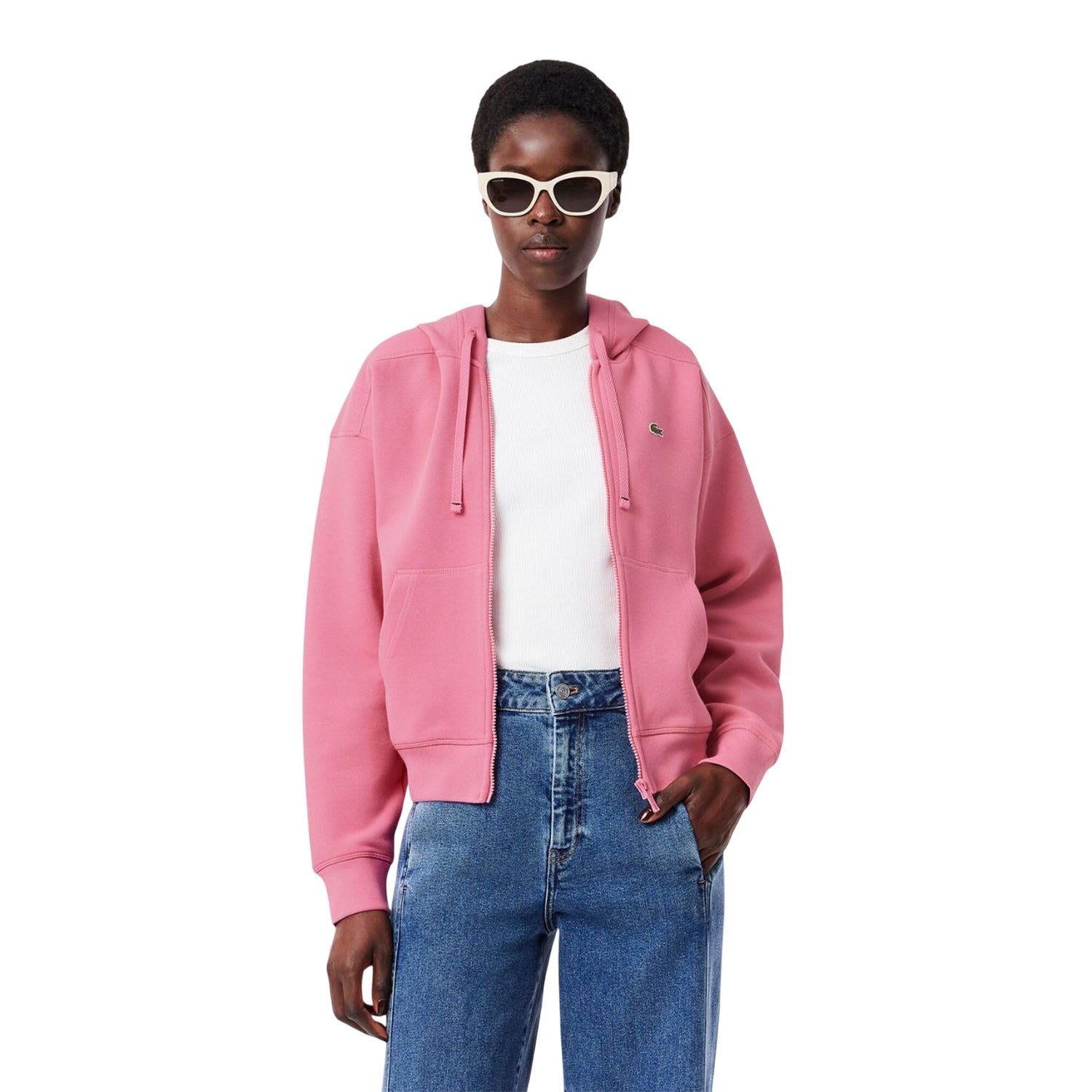 Pink - Pack Shot - Lacoste Womens-Ladies Pique Full Zip Hoodie