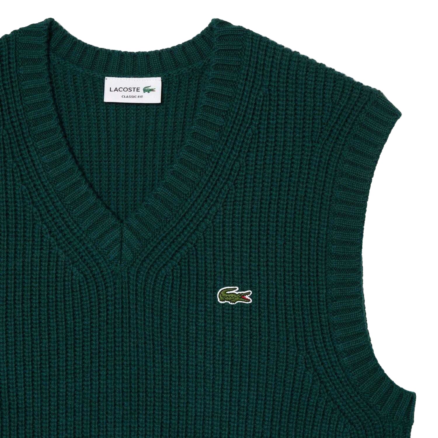 Green - Back - Lacoste Mens Carded Wool V Neck Sweater Vest