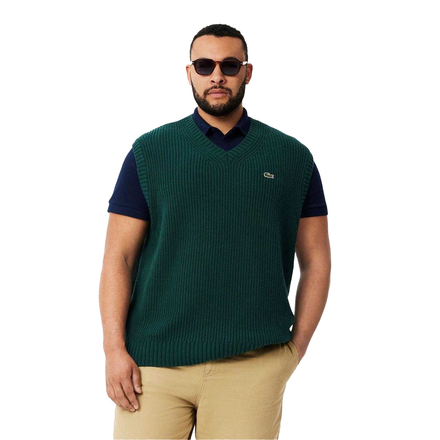 Green - Side - Lacoste Mens Carded Wool V Neck Sweater Vest