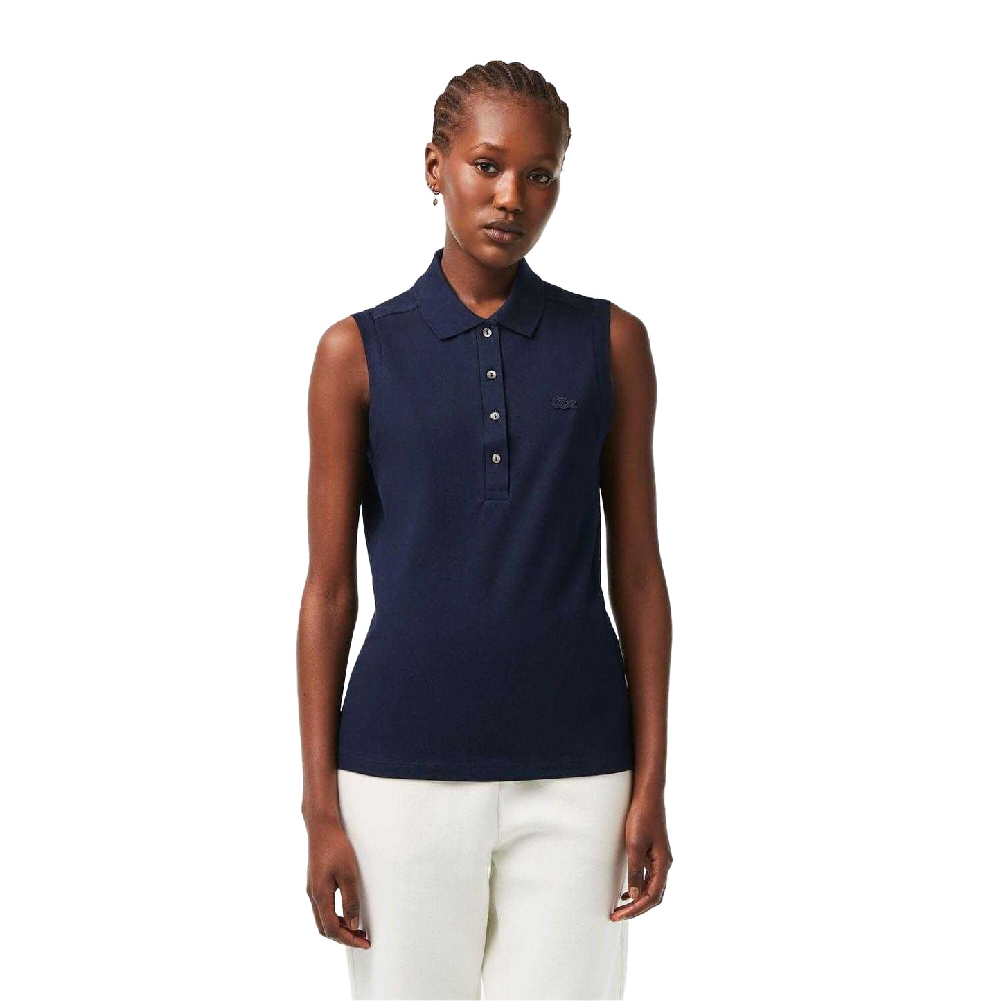 Navy - Pack Shot - Lacoste Womens-Ladies L.12.D Stretch Slim Sleeveless Polo Shirt