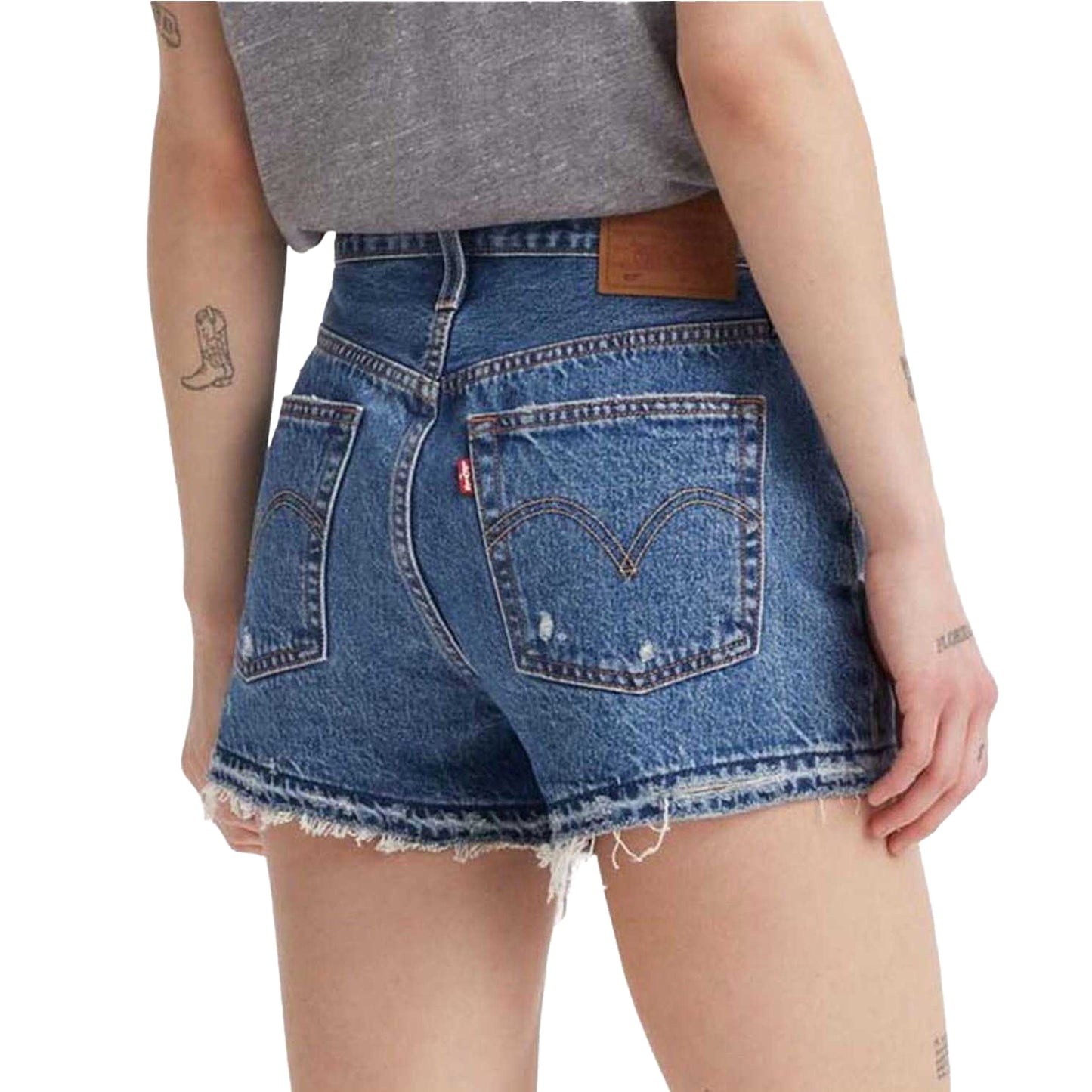 Blue - Back - Levis Womens-Ladies 501 Original Ripped Leather Badge Shorts