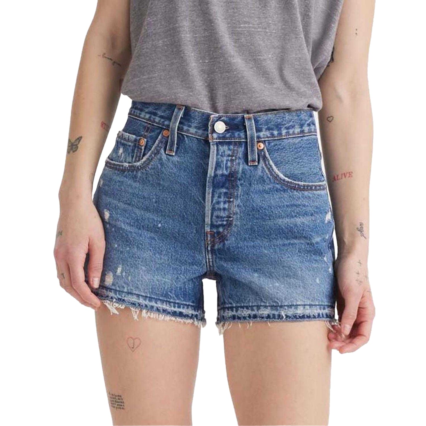 Blue - Side - Levis Womens-Ladies 501 Original Ripped Leather Badge Shorts