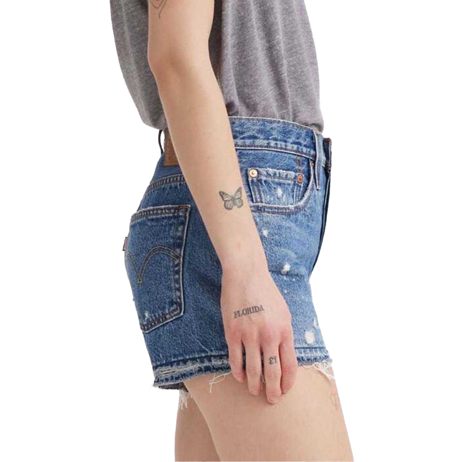 Blue - Lifestyle - Levis Womens-Ladies 501 Original Ripped Leather Badge Shorts