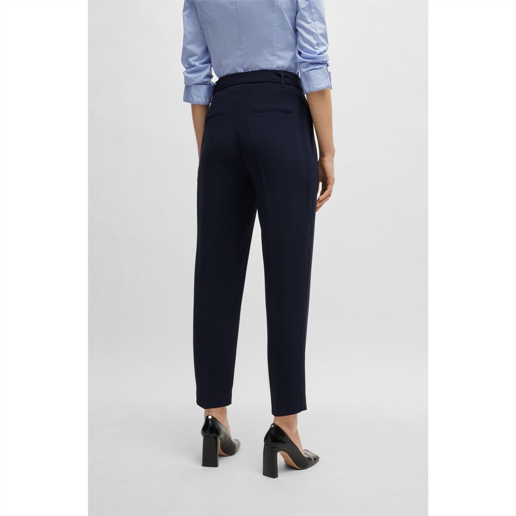 Blue - Side - Boss Womens-Ladies Tapia Belted Regular Trousers