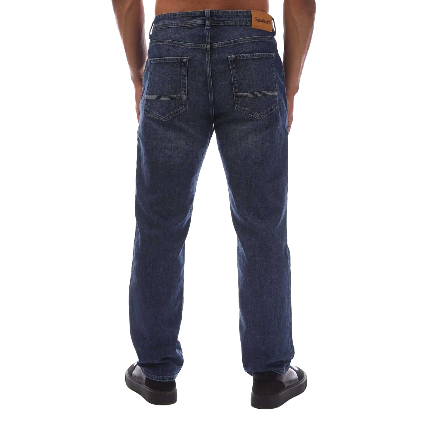 Blue - Back - Timberland Mens Sandown Leather Patch Straight Jeans
