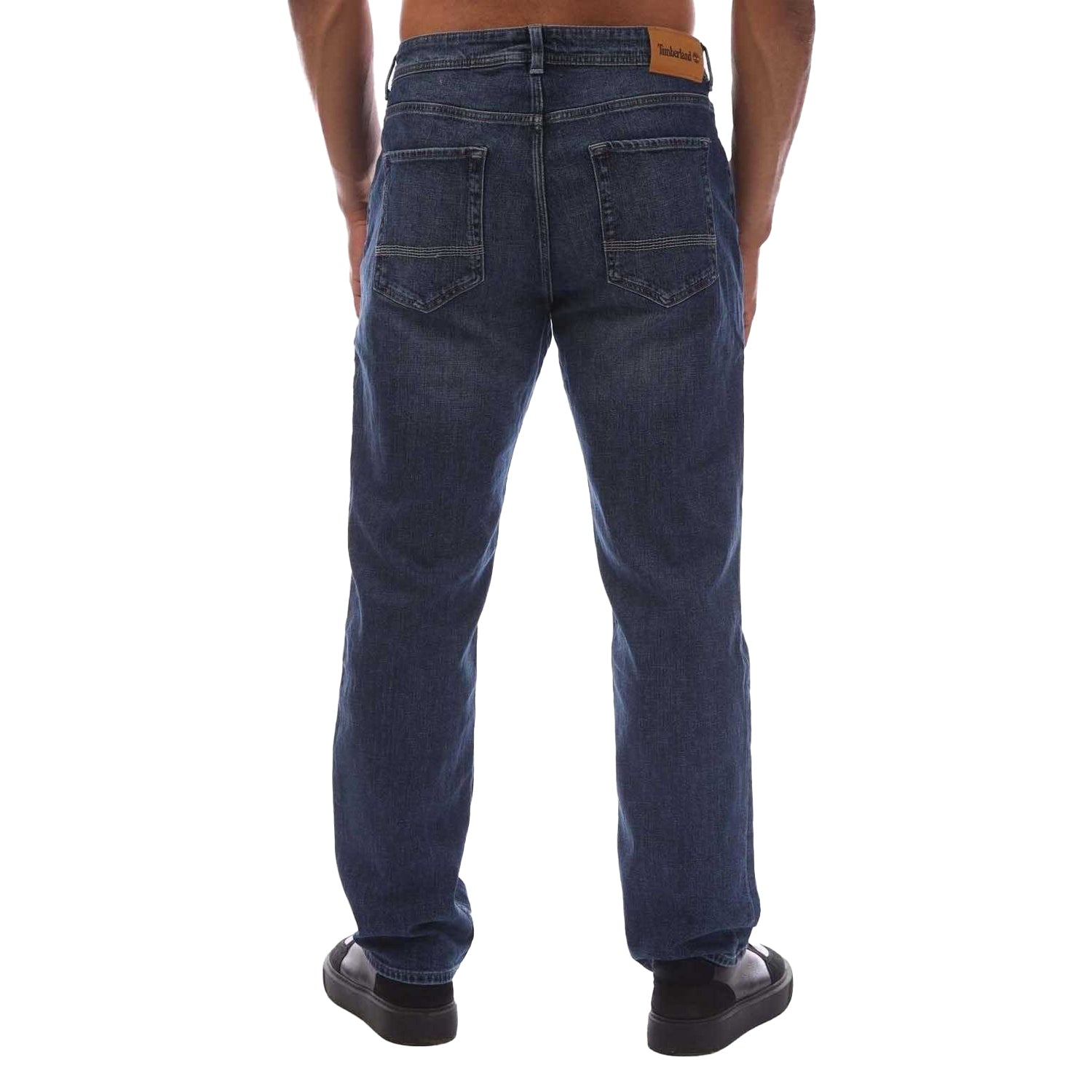 Blue - Back - Timberland Mens Sandown Leather Patch Straight Jeans