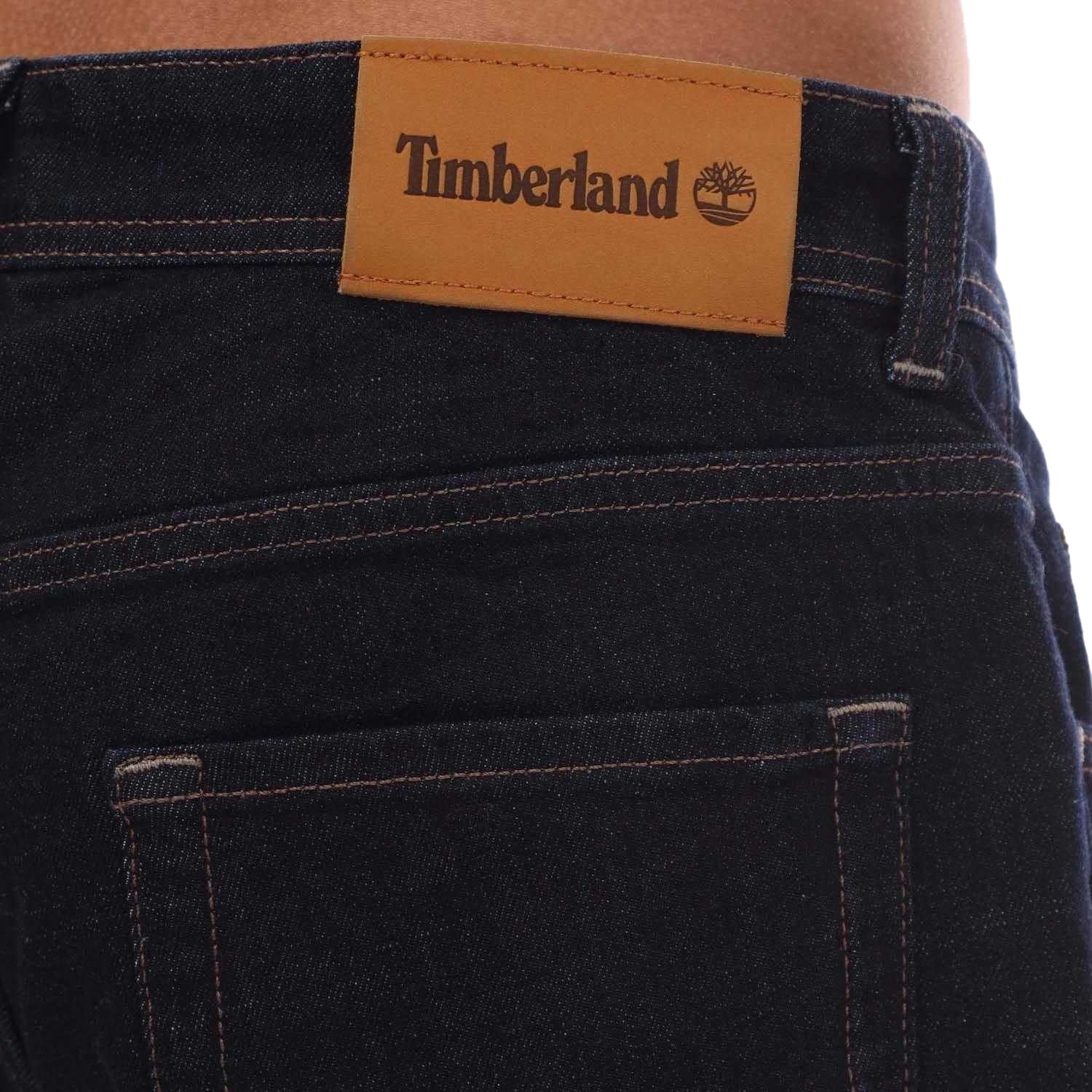 Dark Blue - Side - Timberland Mens Sandown Leather Patch Straight Jeans