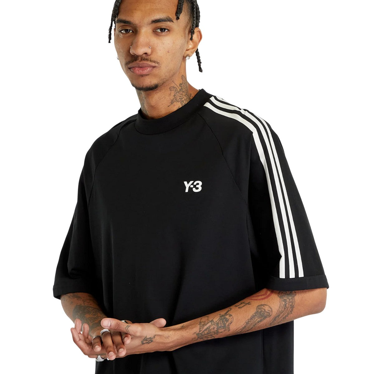 Black - Side - Y-3 Mens 3 Stripes Short-Sleeved T-Shirt