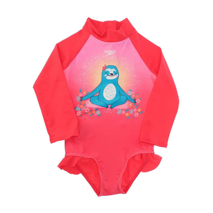 Pink - Front - Speedo Girls Frill Long-Sleeved One Piece Swimsuit