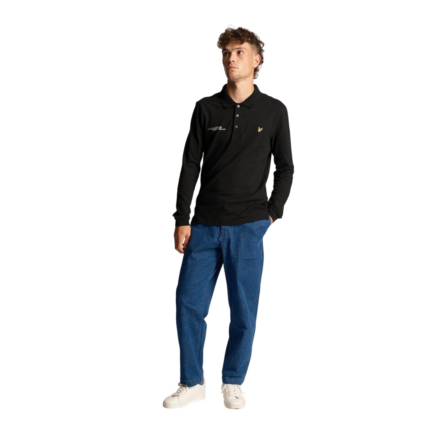 Black - Pack Shot - Lyle & Scott Mens Co-Ordinate Print Logo Long-Sleeved Polo Shirt