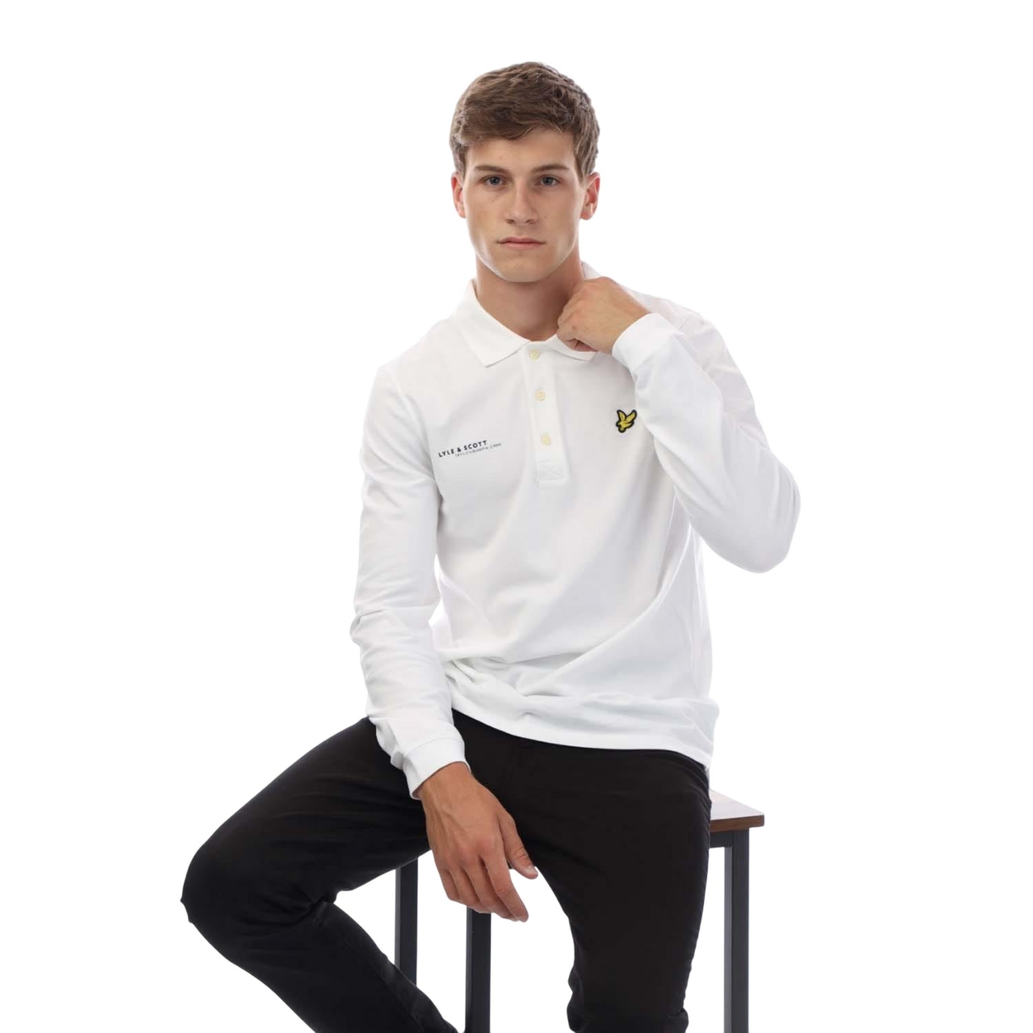 White - Lifestyle - Lyle & Scott Mens Co-Ordinate Print Logo Long-Sleeved Polo Shirt