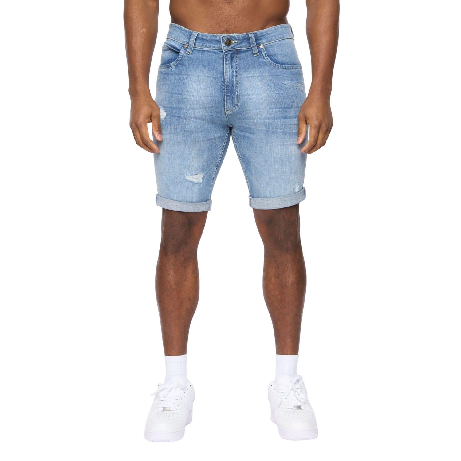 Light Blue - Pack Shot - Crosshatch Mens Riptrey Abraised Denim Scratch Shorts