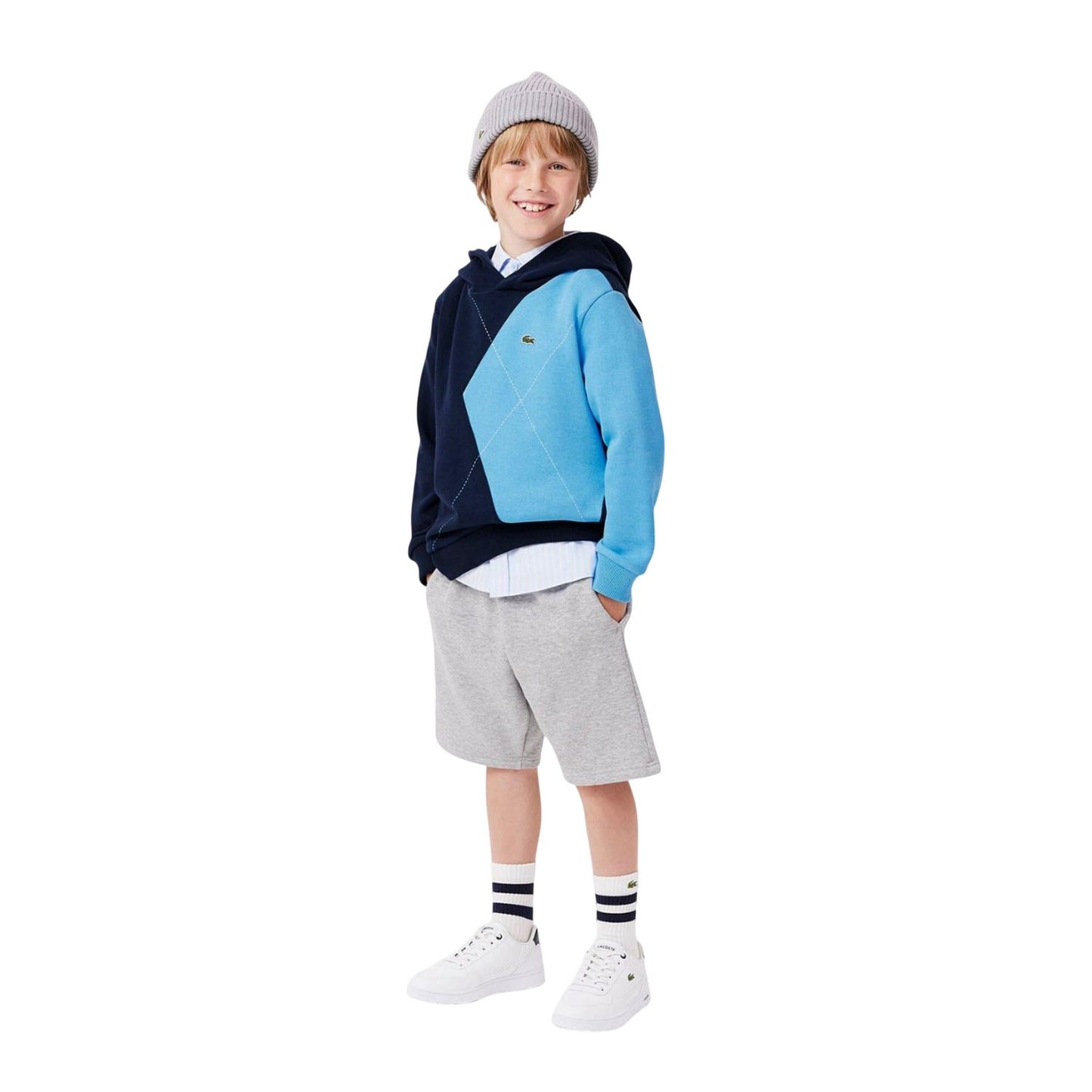 Navy Blue-Blue - Pack Shot - Lacoste Childrens-Kids Argyle Logo Hoodie