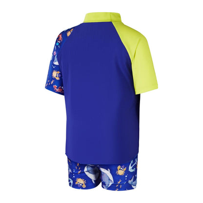 Blue-Yellow - Back - Speedo Childrens-Kids Digital Print Short-Sleeved Rash Guard Set