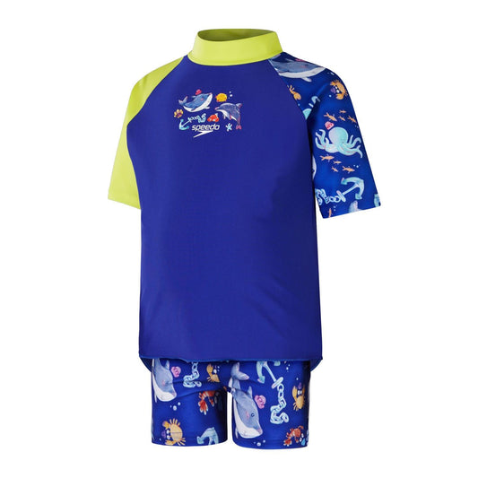 Blue-Yellow - Front - Speedo Childrens-Kids Digital Print Short-Sleeved Rash Guard Set