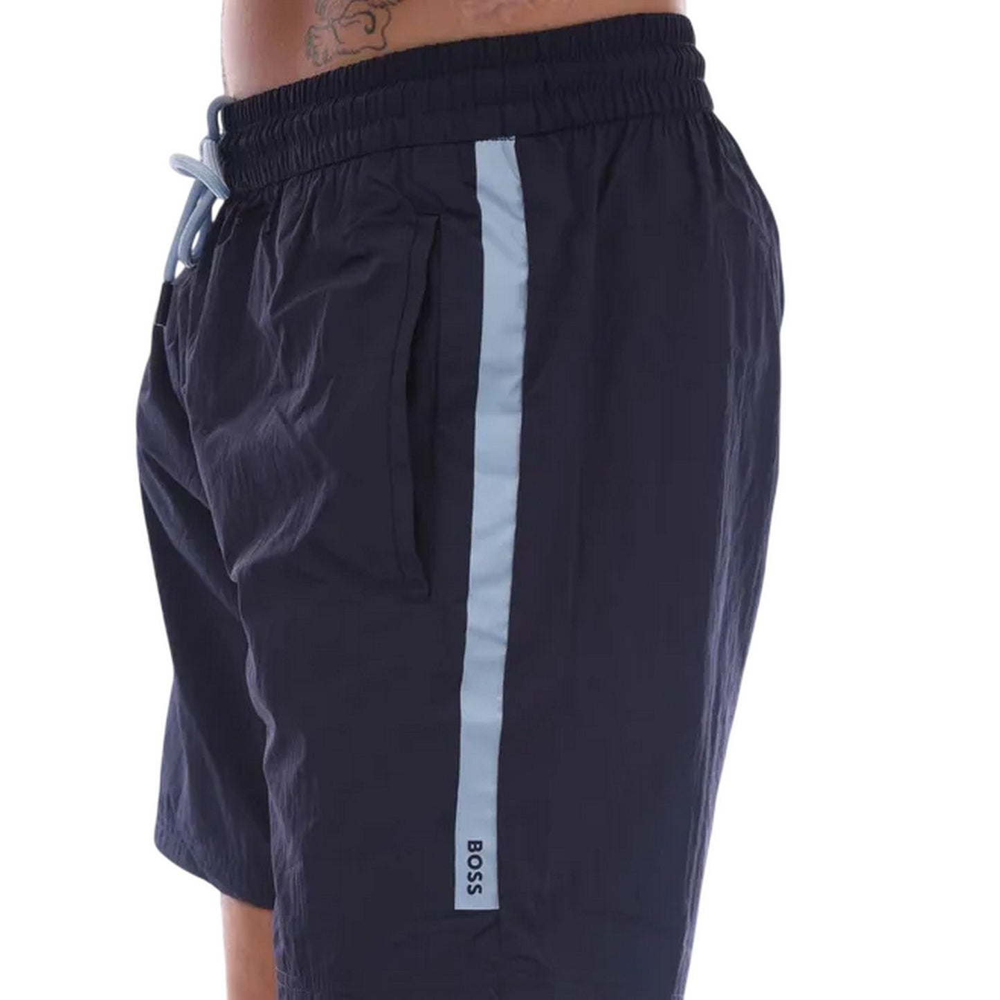 Navy - Side - Hugo Boss Mens Logo Swim Shorts