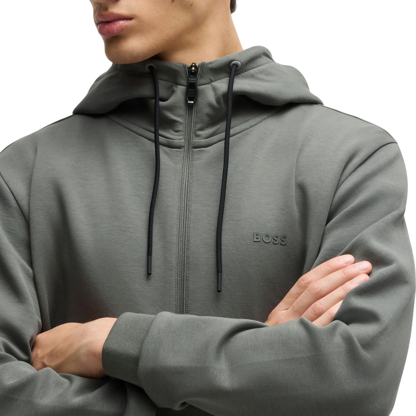 Grey - Side - Boss Mens Saggy Full Zip Hoodie