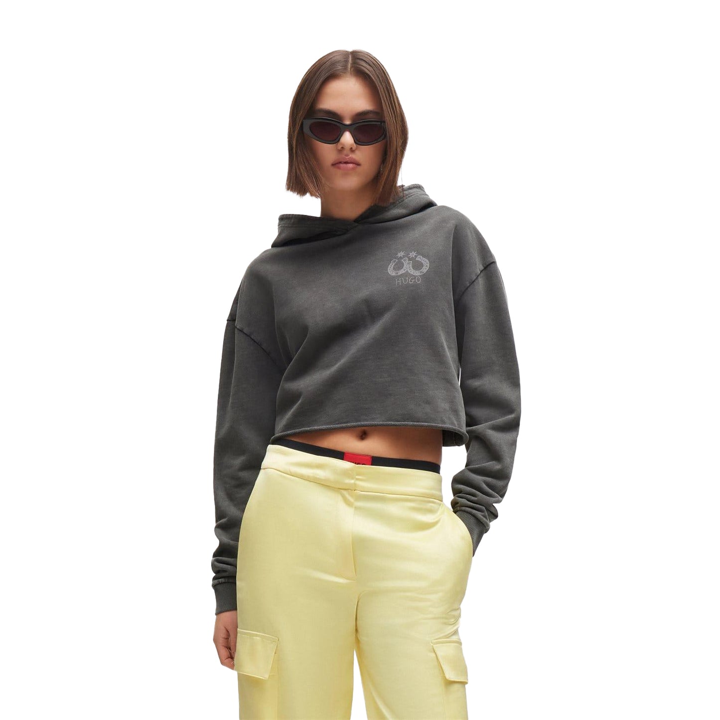 Black - Front - Hugo Womens-Ladies Dephana_2 Relaxed Fit Crop Hoodie