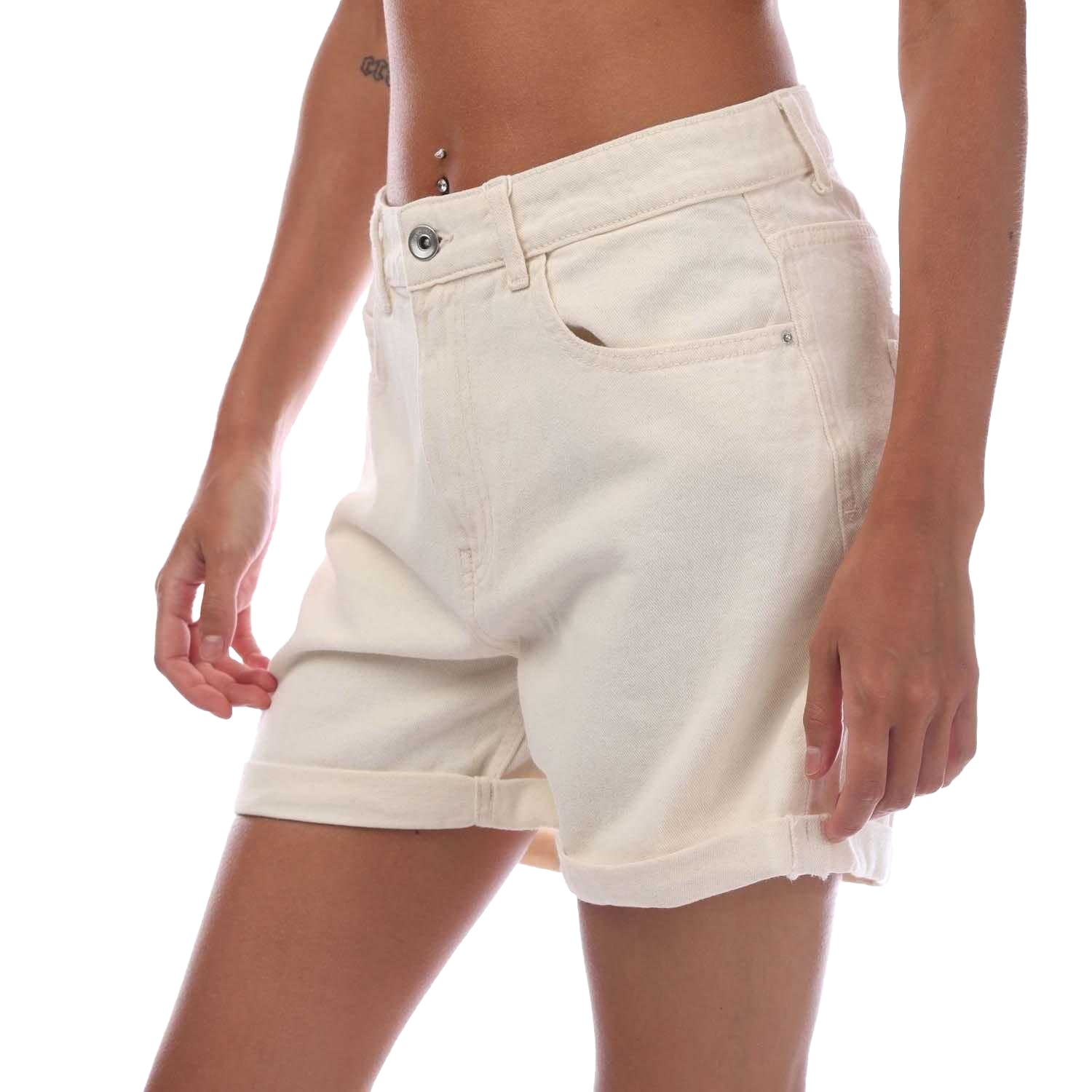Ecru - Side - Only Womens-Ladies Vega Mom Denim Shorts
