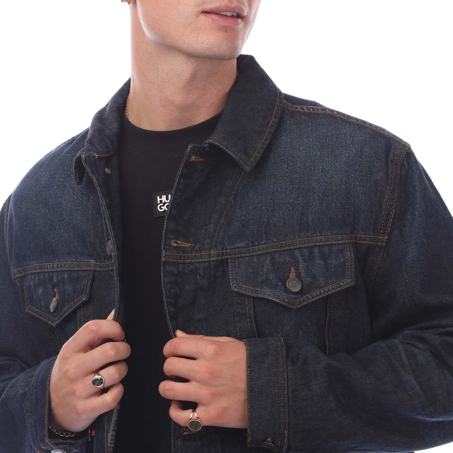 Dark Blue - Side - Hugo Boss Mens Adjustable Hem Denim Jacket