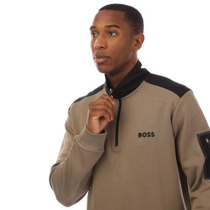 Green - Side - Hugo Boss Mens Quarter Zip Sweatshirt