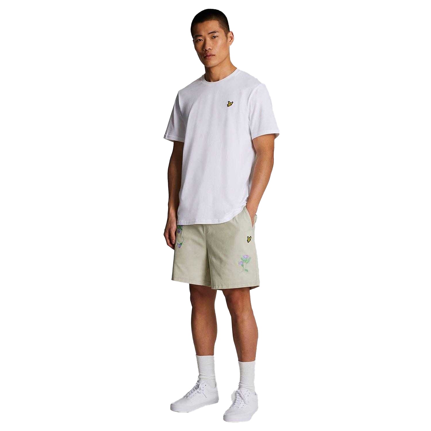 Cream - Side - Lyle & Scott Mens Thistle Club Embroidered Logo Shorts