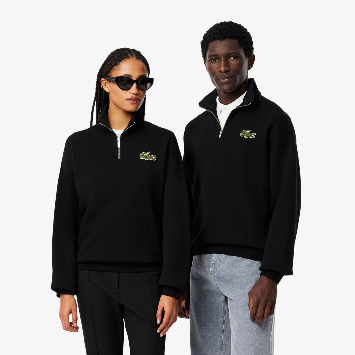 Black - Back - Lacoste Unisex Adult Accent Badge Zip Neck Loose Fit Sweatshirt
