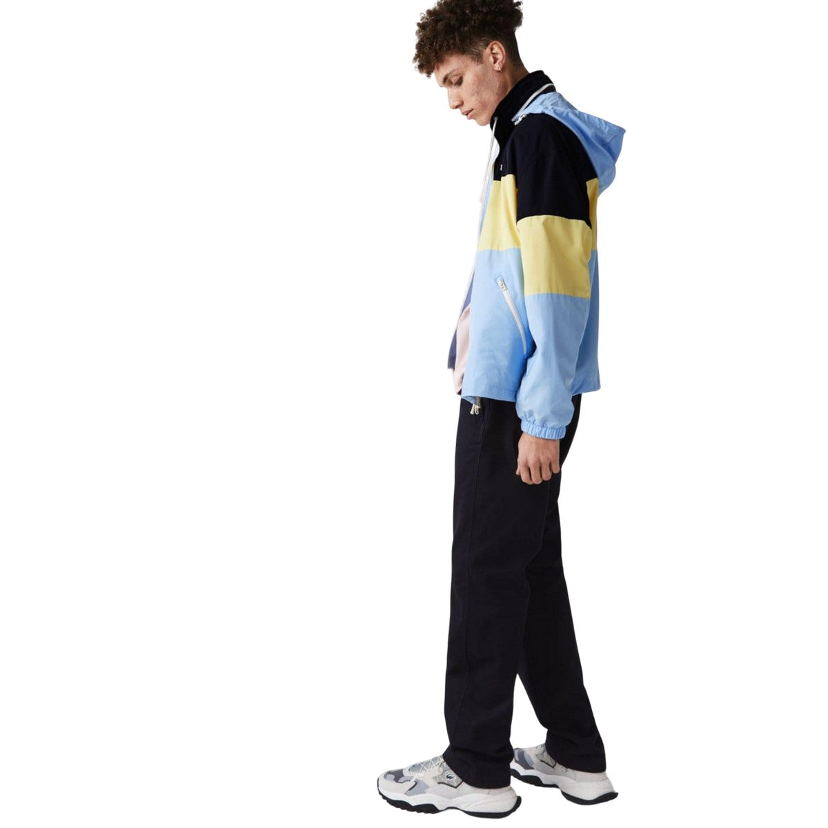 Black-Light Blue-Yellow - Side - Lacoste Mens Colour Block Water Resistant Hooded Jacket