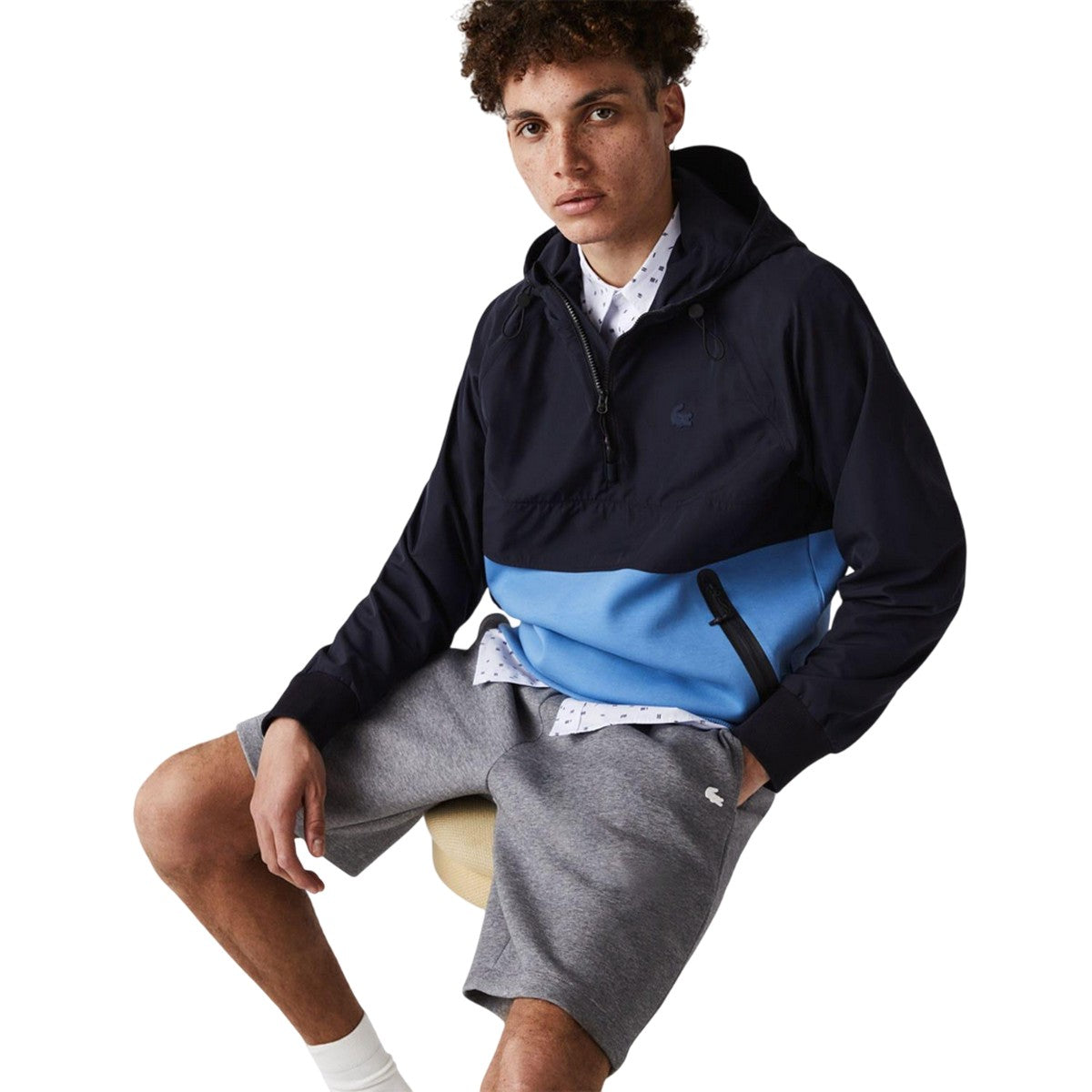 Navy - Pack Shot - Lacoste Mens Dual Material Pull Over Jacket
