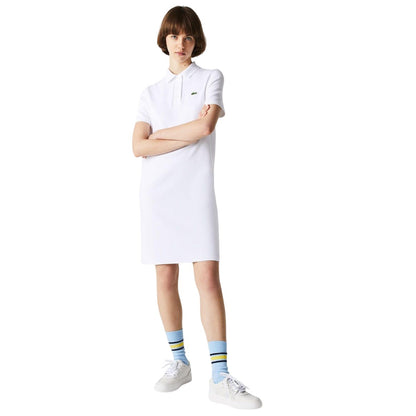 White - Side - Lacoste Womens-Ladies Pique Bell Sleeve Polo Shirt Dress