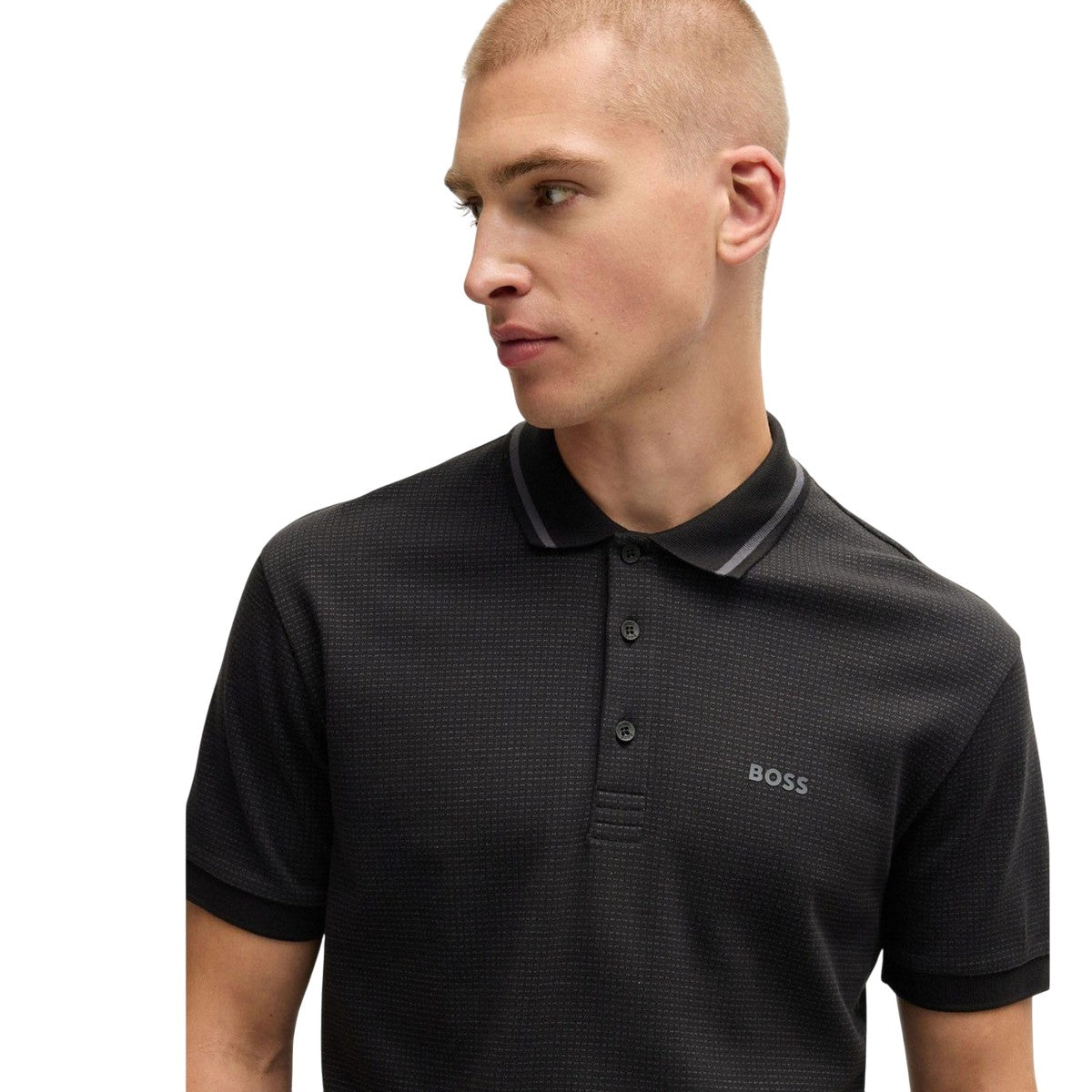 Black - Side - Boss Mens Paddy Tape Jacquard Polo Shirt