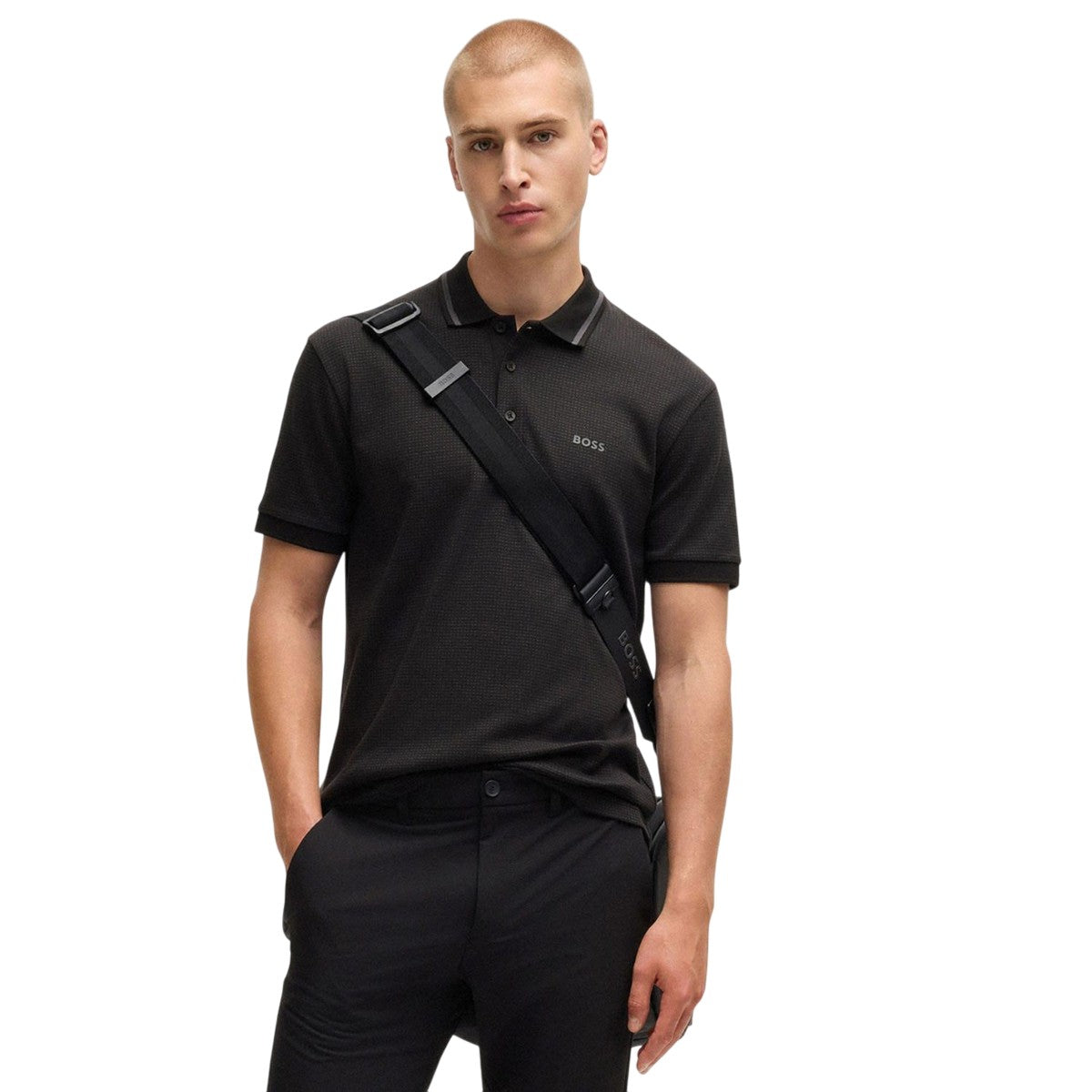 Black - Pack Shot - Boss Mens Paddy Tape Jacquard Polo Shirt