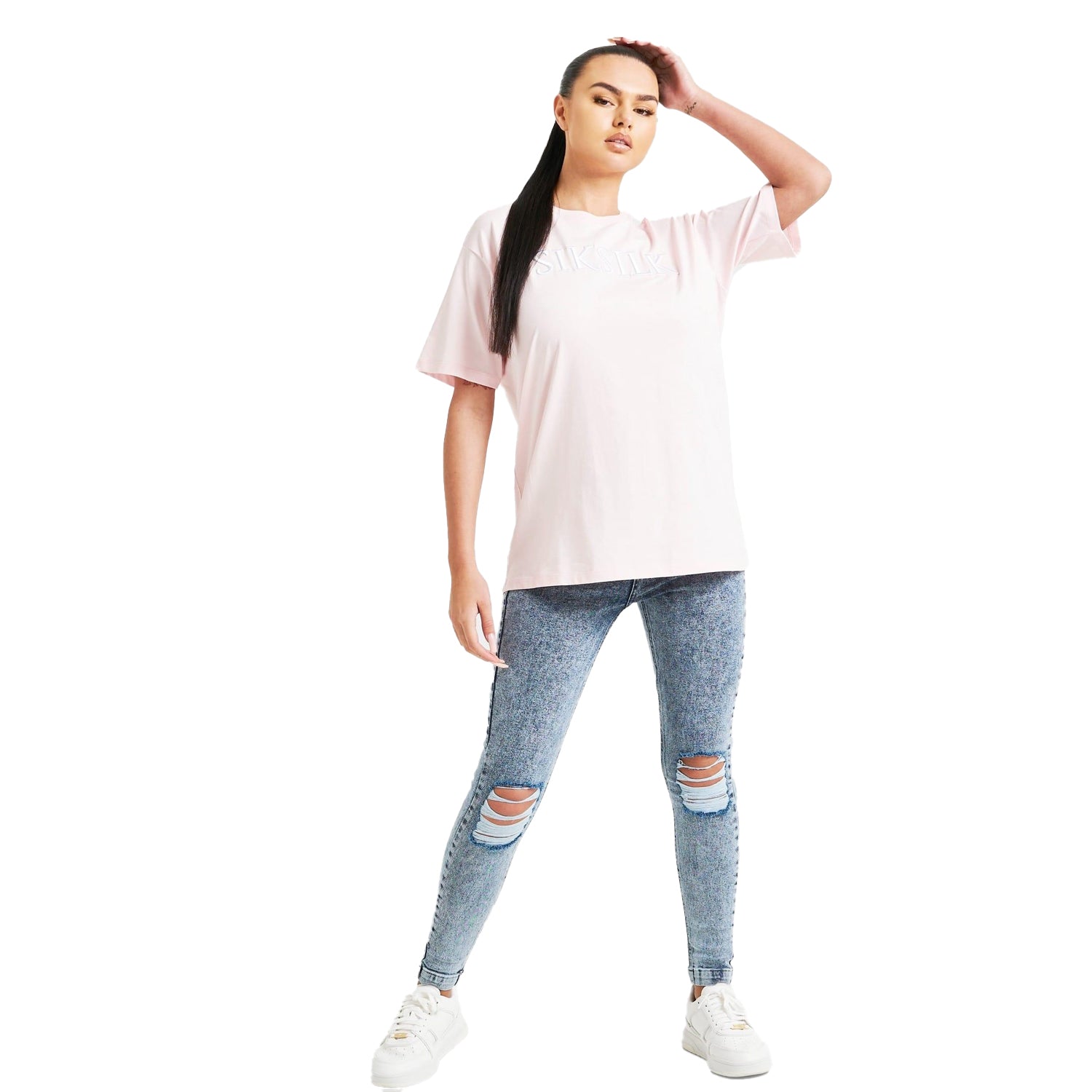 Pink - Side - SikSilk Womens-Ladies Embroidered Boyfriend T-Shirt