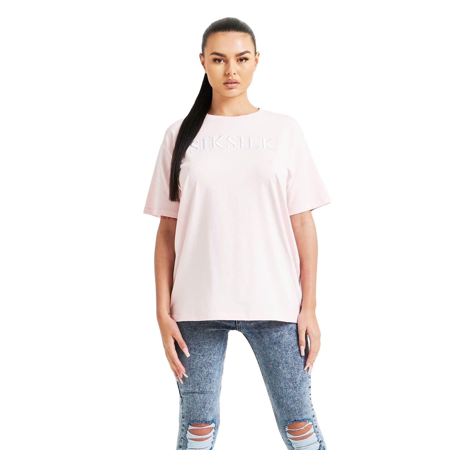 Pink - Front - SikSilk Womens-Ladies Embroidered Boyfriend T-Shirt